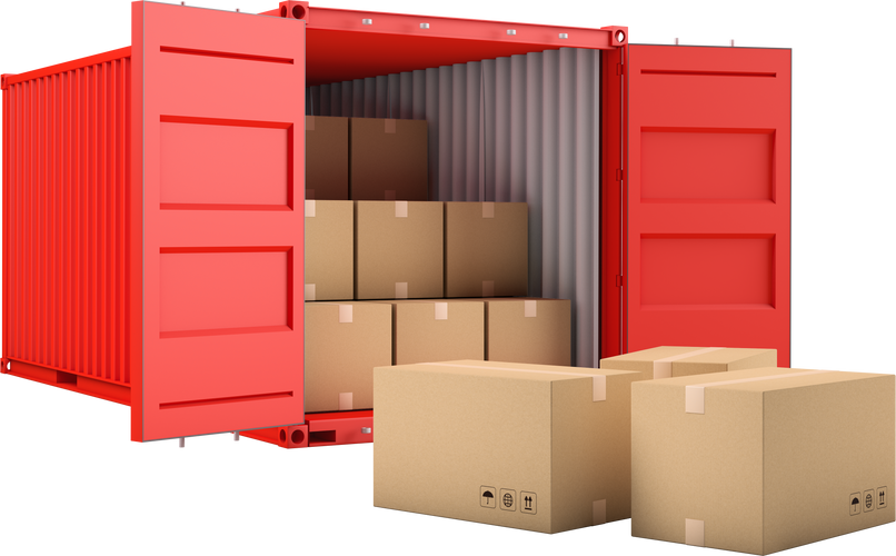 Open cargo container with cardboard boxes